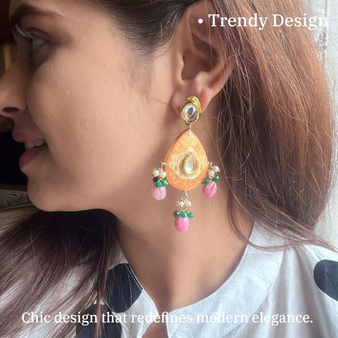 Teardrop Dangle Earrings with Pink and Green Beads, 7 cm, Gold-Plated, Western Style, Anti Tarnish, Water Resistant, Lightweight, Gift Packaged