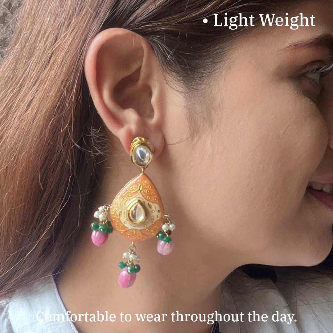 Teardrop Dangle Earrings with Pink and Green Beads, 7 cm, Gold-Plated, Western Style, Anti Tarnish, Water Resistant, Lightweight, Gift Packaged