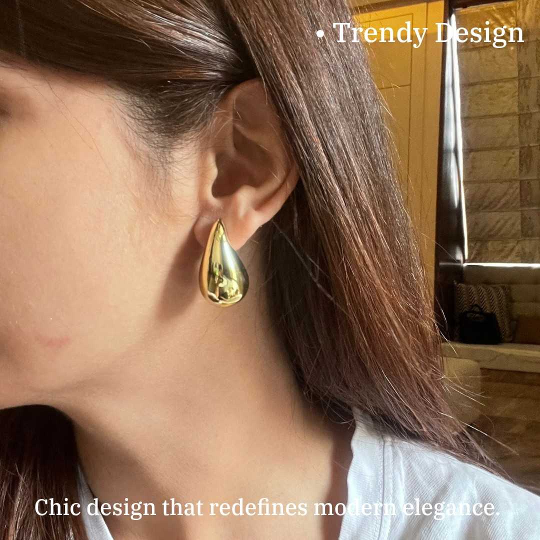 Teardrop Gold Plated Stud Earrings for Women, 3 cm, Classic Drop Shape, Anti Tarnish, Water Resistant, Lightweight, Gift Packaged