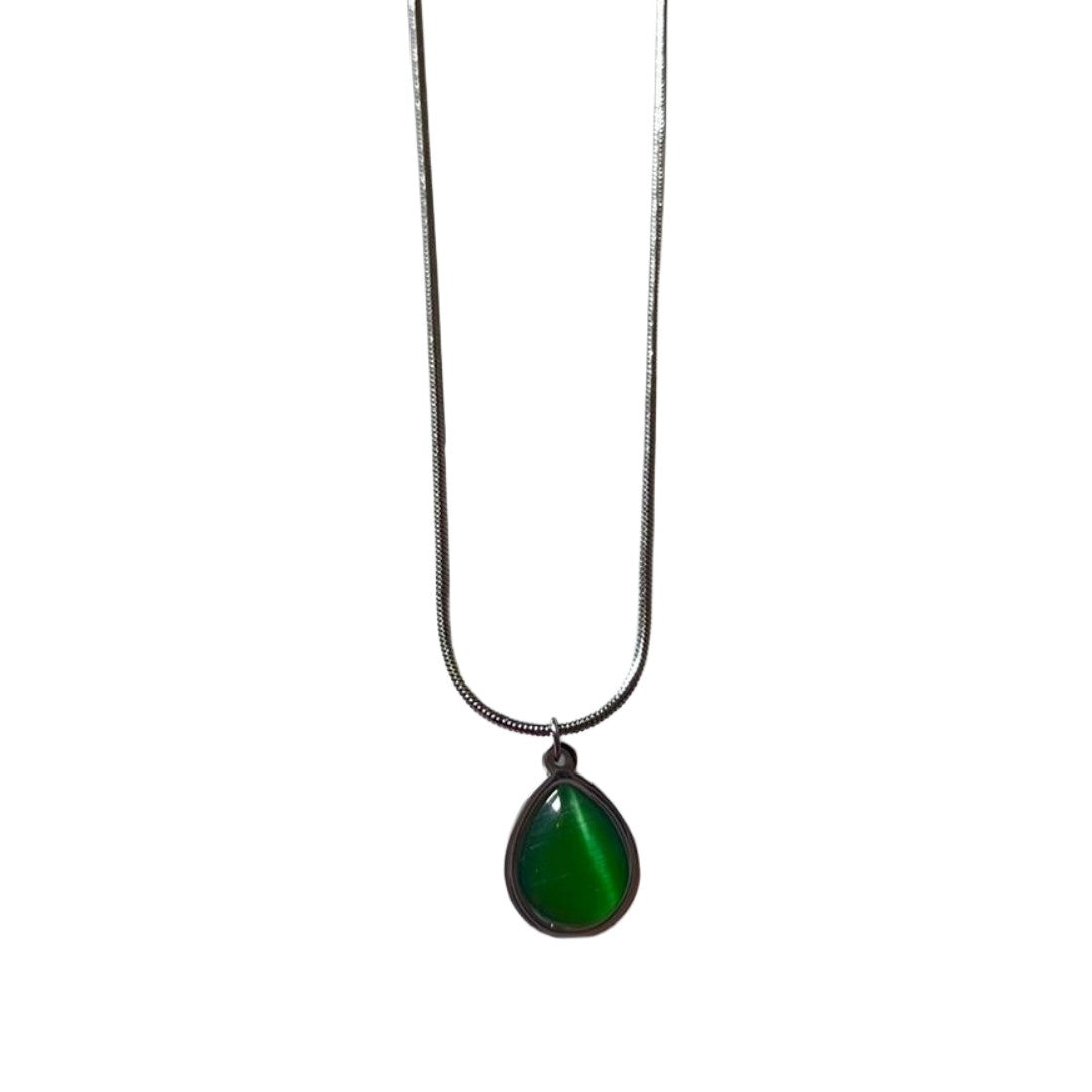 Teardrop Pendant Necklace, Green Crystal Stone, Silver Chain, Classic for Women, Anti Tarnish, Water Resistant, Lightweight, Gift Packaged