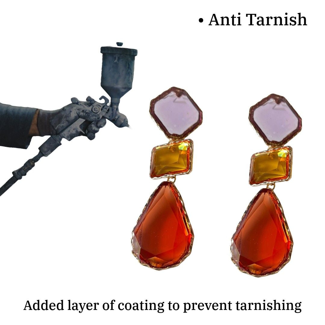 Triple Crystal Drop Earrings, Purple, Amber, Red Geometric Stones, 8 cm, Gold-Plated, Dangle Style, Women's Fashion Jewelry, Anti Tarnish, Gift Packaged