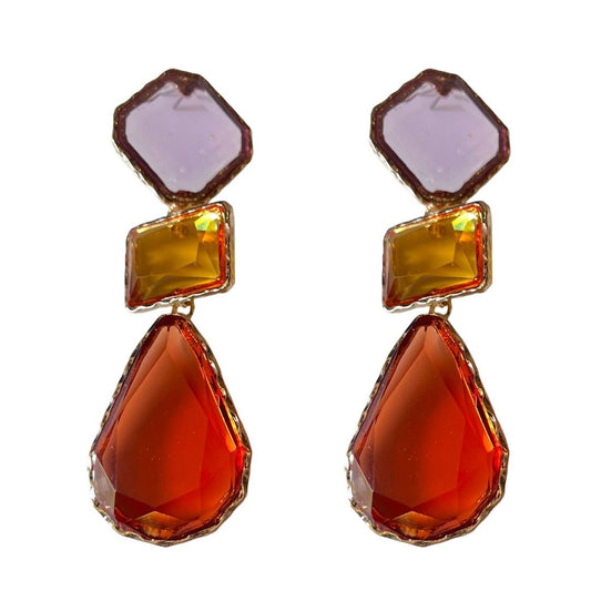 Triple Crystal Drop Earrings, Purple, Amber, Red Geometric Stones, 8 cm, Gold-Plated, Dangle Style, Women's Fashion Jewelry, Anti Tarnish, Gift Packaged
