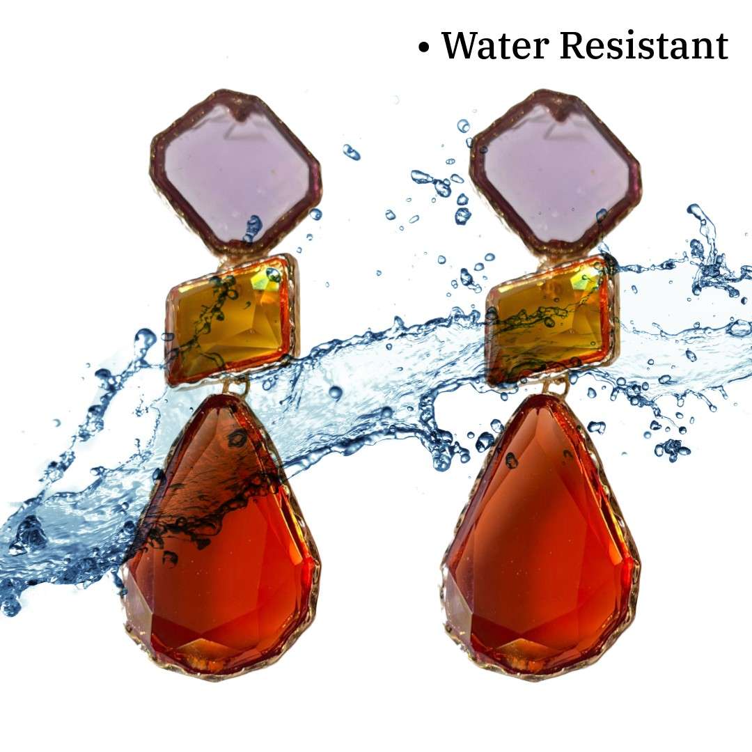 Triple Crystal Drop Earrings, Purple, Amber, Red Geometric Stones, 8 cm, Gold-Plated, Dangle Style, Women's Fashion Jewelry, Anti Tarnish, Gift Packaged