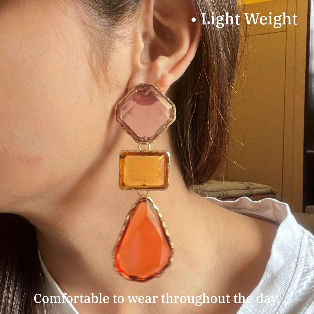 Triple Crystal Drop Earrings, Purple, Amber, Red Geometric Stones, 8 cm, Gold-Plated, Dangle Style, Women's Fashion Jewelry, Anti Tarnish, Gift Packaged