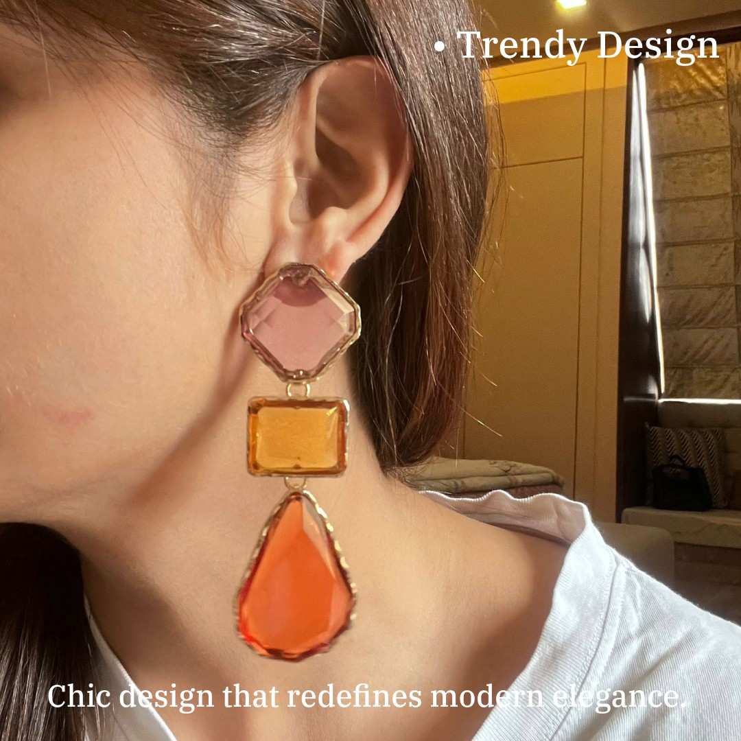 Triple Crystal Drop Earrings, Purple, Amber, Red Geometric Stones, 8 cm, Gold-Plated, Dangle Style, Women's Fashion Jewelry, Anti Tarnish, Gift Packaged