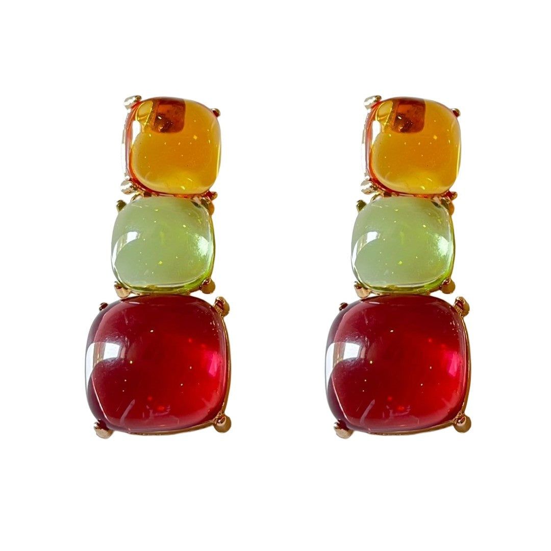 Triple Square Crystal Drop Earrings, 5.5 cm, Amber Yellow, Mint Green, Ruby Red, Fashion Statement Jewelry for Women, Anti Tarnish, Gift Packaged