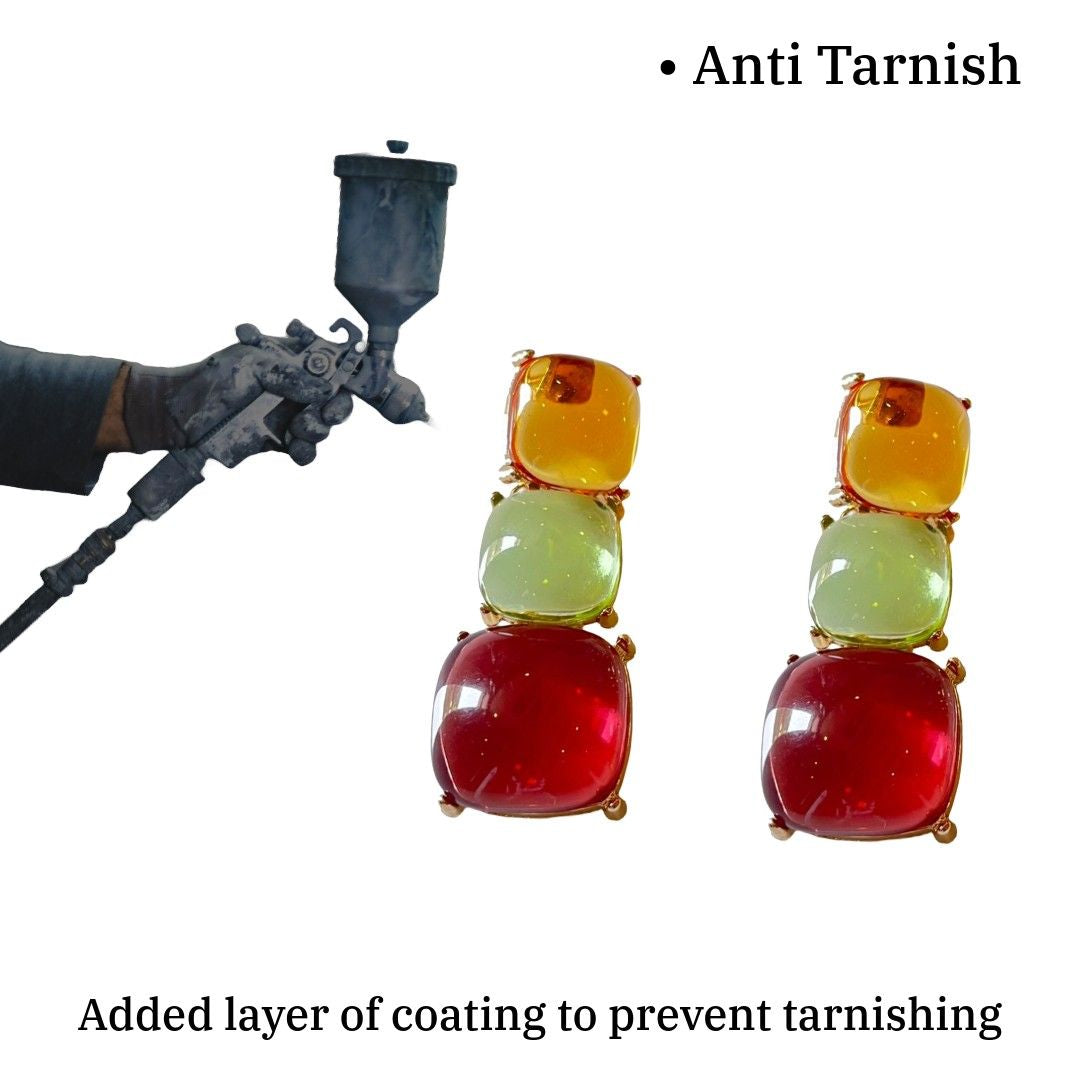 Triple Square Crystal Drop Earrings, 5.5 cm, Amber Yellow, Mint Green, Ruby Red, Fashion Statement Jewelry for Women, Anti Tarnish, Gift Packaged