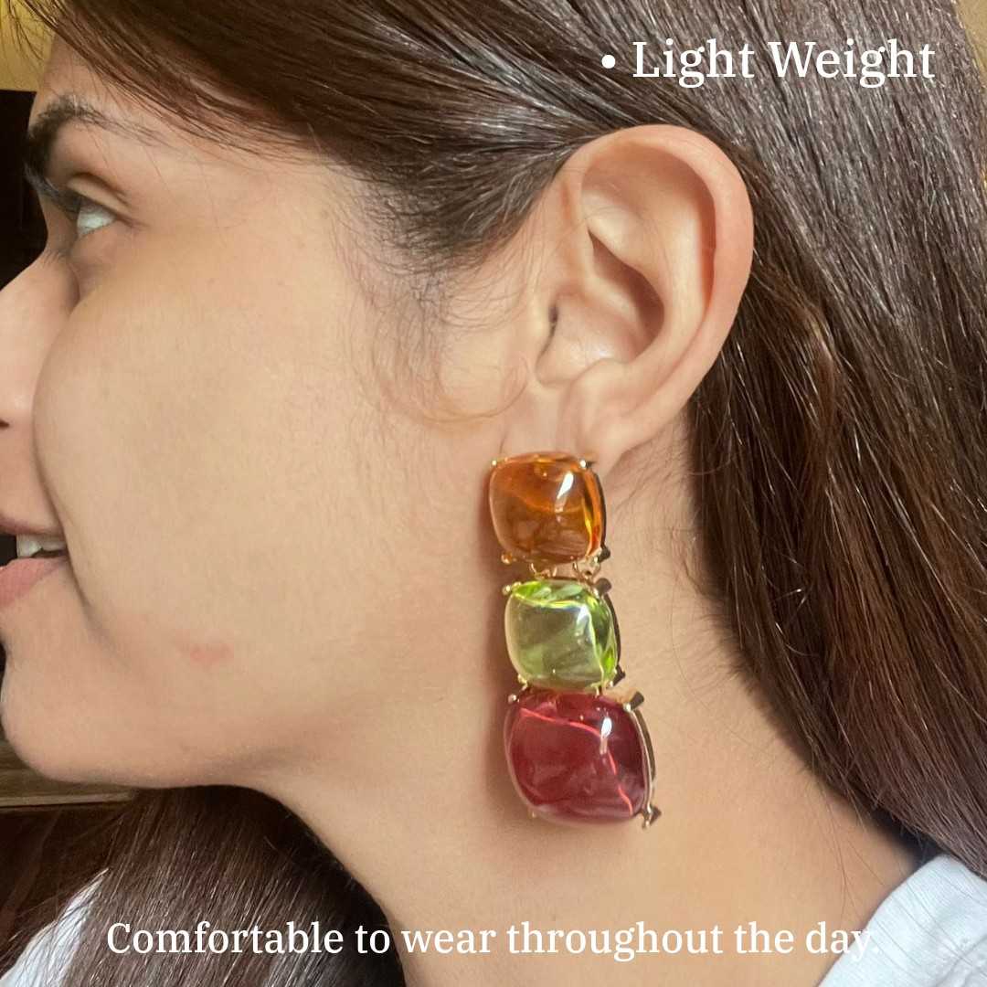 Triple Square Crystal Drop Earrings, 5.5 cm, Amber Yellow, Mint Green, Ruby Red, Fashion Statement Jewelry for Women, Anti Tarnish, Gift Packaged