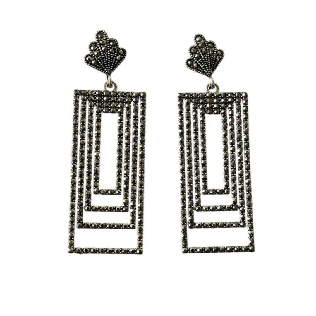 Vintage Art Deco Dangle Earrings For Women | Crown Top | 6.5 cm | Crystal Rhinestone Geometric Design | Gold-Plated | Anti Tarnish | Water Resistant | Lightweight | Gift Packaged