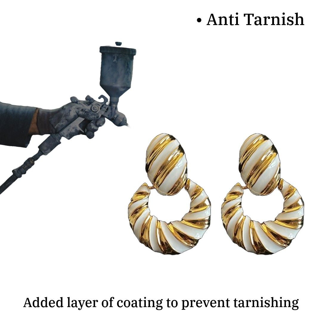 Vintage Style Dangle Earrings For Women | 4.5 cm | White Enamel and Gold-Plated | Twisted Design | Anti Tarnish | Water Resistant | Western Style | Gift Packaged