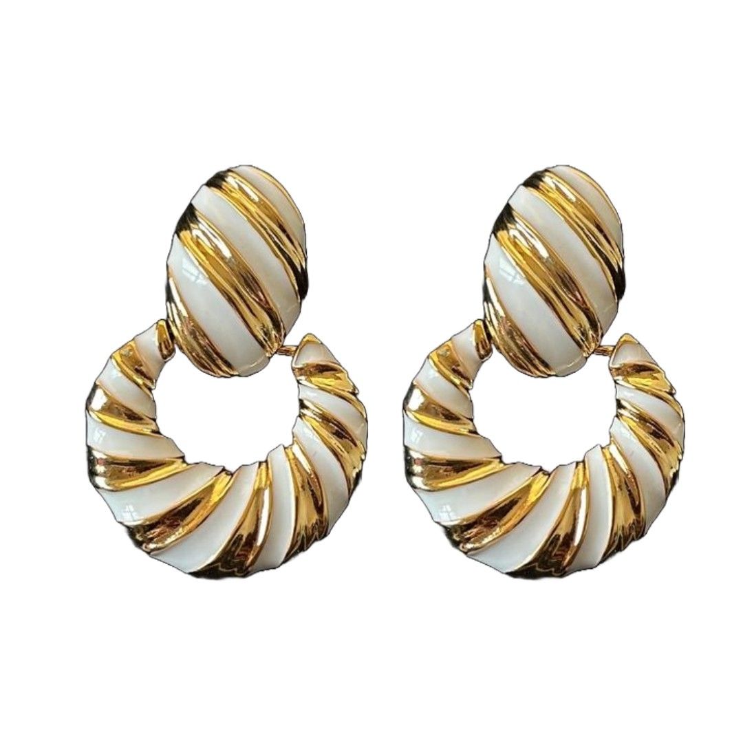 Vintage Style Dangle Earrings For Women | 4.5 cm | White Enamel and Gold-Plated | Twisted Design | Anti Tarnish | Water Resistant | Western Style | Gift Packaged