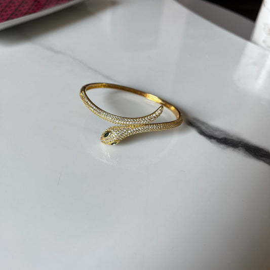 Studded Snake Bracelet For Women, Gold Plated Fashion Bracelet with Emerald Eyes, 6.5 cm, Anti Tarnish, Water Resistant, Lightweight, Gift Packaged