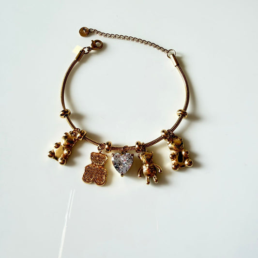 Stylish Charm Bracelet for Women, Gold Plated with Dog, Bear, Heart Crystal Charms, Adjustable Chain, Anti Tarnish