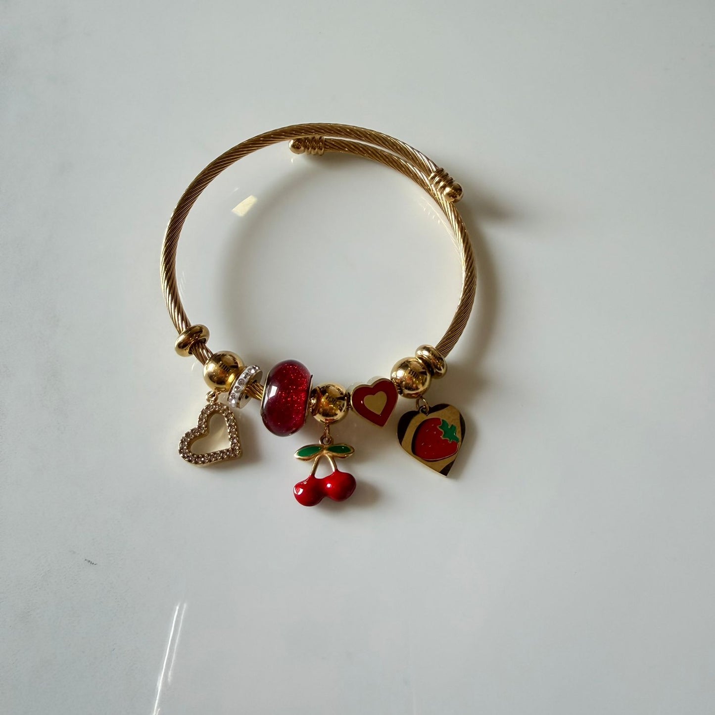 Gold Twisted Cable Bracelet for Women with Heart Charms, Cherry and Strawberry Dangles, Red and Gold Beaded Charm Bracelet