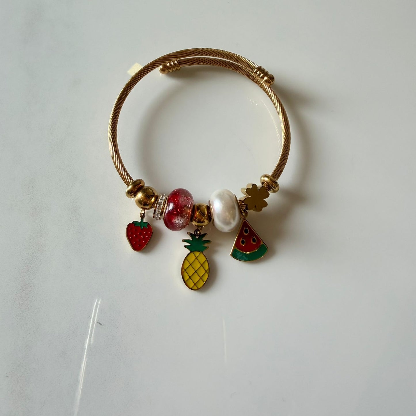 Gold Plated Cable Bracelet with Fruit Charms, Strawberry Pineapple Watermelon Beaded Bangle, Anti Tarnish, Water Resistant, Lightweight
