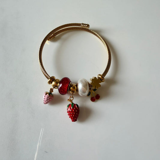 Charm Bracelet for Women, Gold Plated Wire with Strawberry and Clover Charms, Red and Pearl Beads, Anti Tarnish, Water Resistant