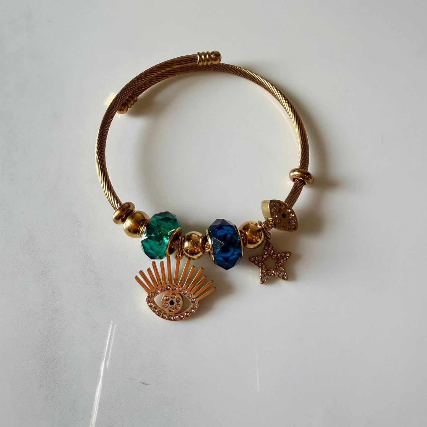 Stylish Cable Wire Bracelet for Women with Eye, Star, Moon Charms, Green and Blue Crystal Beads, Gold Plated, Anti Tarnish