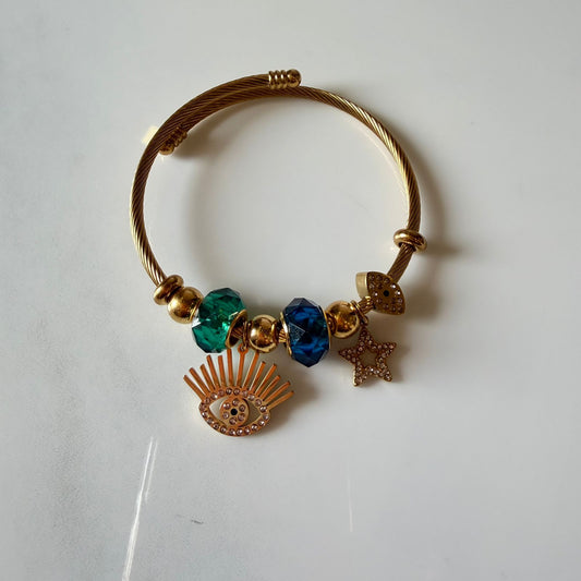 Stylish Cable Wire Bracelet for Women with Eye, Star, Moon Charms, Green and Blue Crystal Beads, Gold Plated, Anti Tarnish