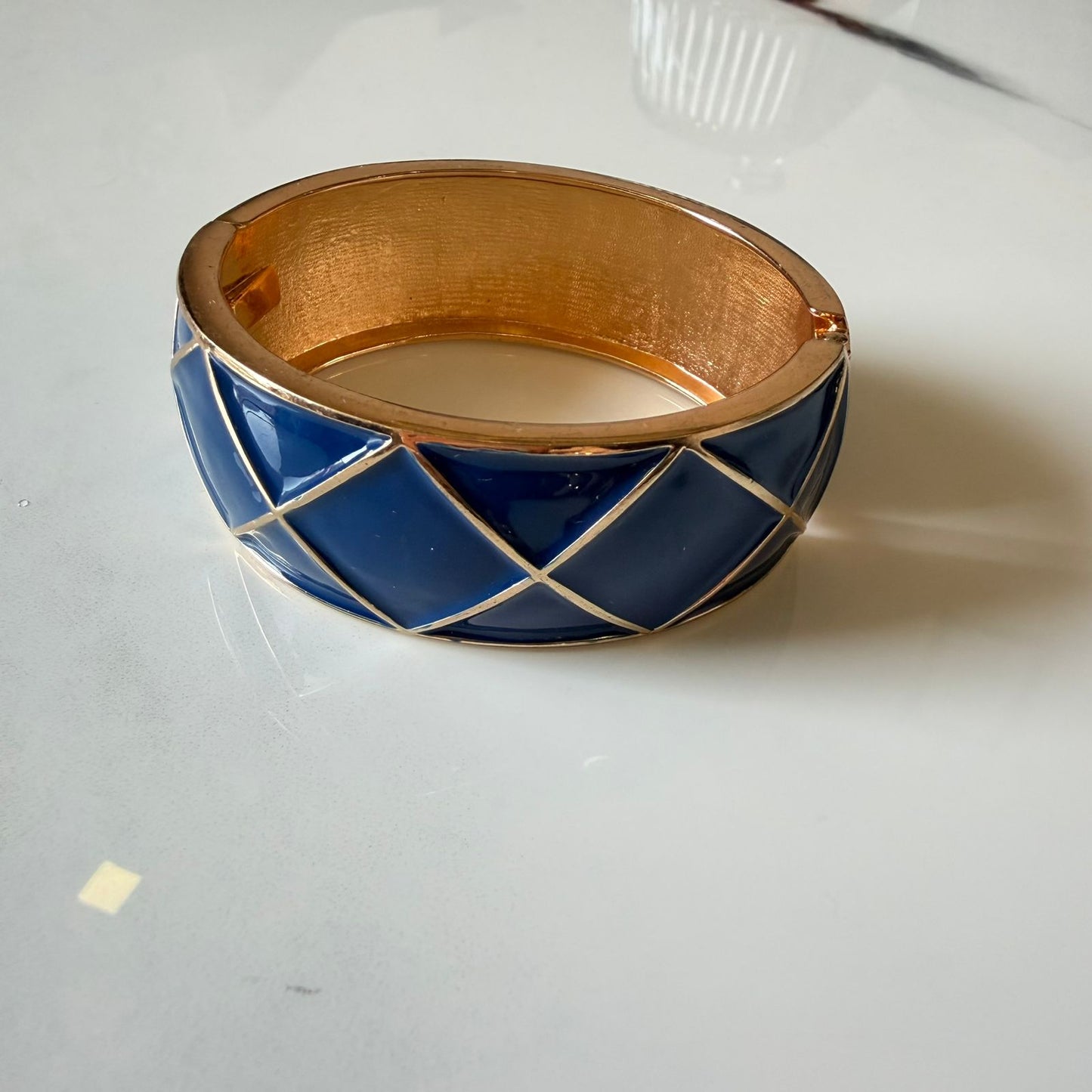 Enamel Bangle Bracelet for Women, Blue and Gold Geometric Pattern, 7.0 cm, Hinged Cuff Style, Anti Tarnish, Water Resistant, Lightweight, Gift Packaged