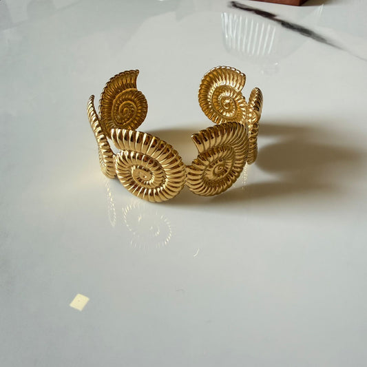 Gold Spiral Shell Design Cuff Bracelet for Women, 6.5 cm, Stylish Statement Jewelry, Anti Tarnish, Water Resistant, Lightweight, Gift Packaged
