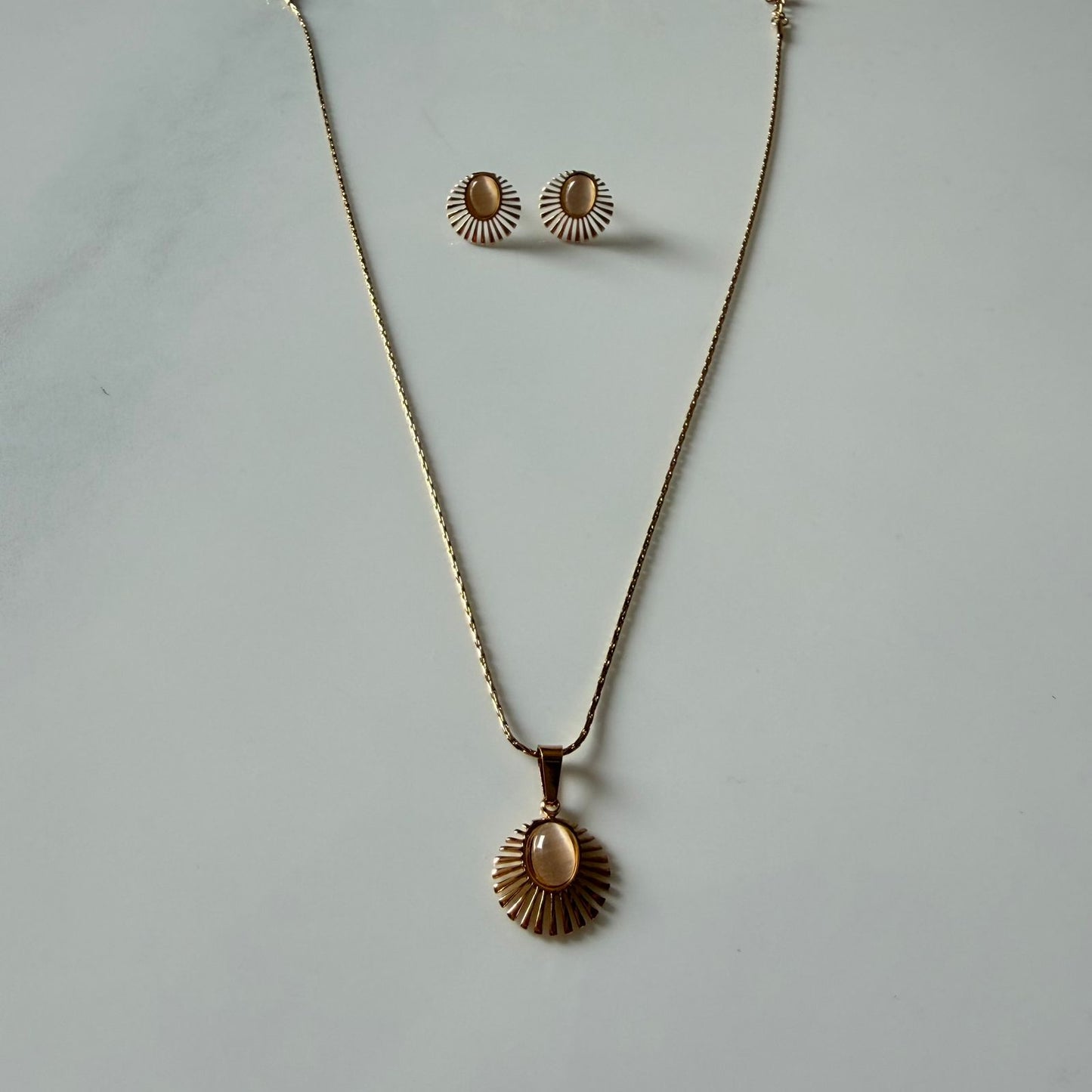 Sunburst Pendant Necklace and Earrings Set for Women, Brown, Gold Finish, Anti Tarnish, Water Resistant, Lightweight, Gift Packaged