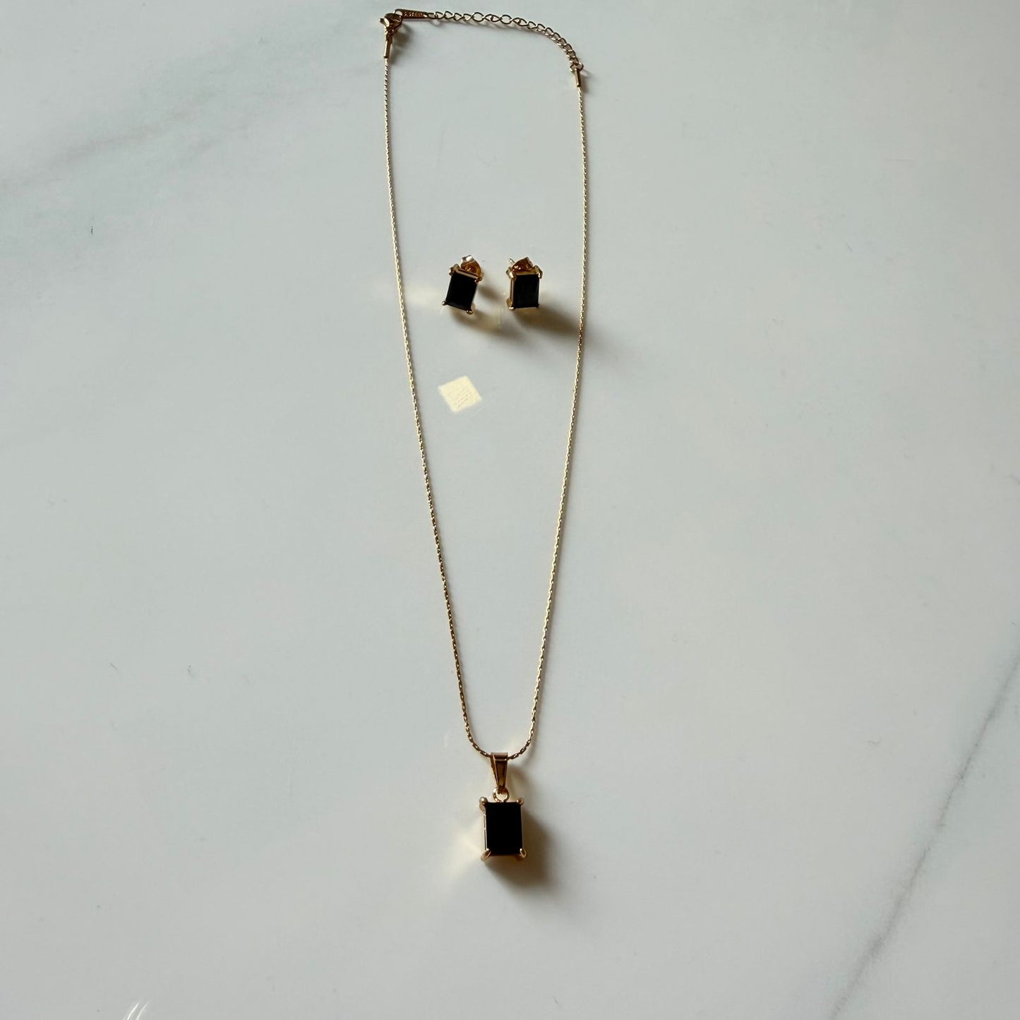 Black Stone Pendant Necklace and Earrings Set for Women, Gold Plated Jewelry, Anti Tarnish, Water Resistant, Lightweight, Gift Packaged