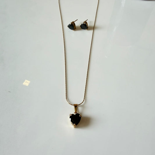 Black Heart Pendant Necklace and Earrings Set for Women, Gold Plated, Anti Tarnish, Water Resistant, Lightweight, Gift Packaged