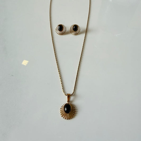 Gold Plated Necklace and Earring Set with Black Stone Pendant, Sunburst Design Jewelry for Women, Anti Tarnish, Water Resistant