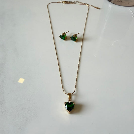 Green Heart Pendant Necklace and Earrings Jewelry Set for Women, Anti Tarnish, Water Resistant, Lightweight, Gift Packaged