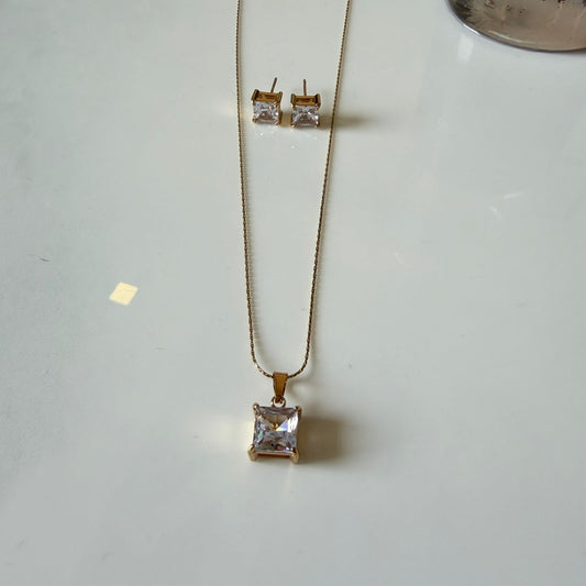 Gold Plated Necklace and Earrings Set for Women, Princess Cut Crystal Pendant Jewelry Set, Anti Tarnish, Water Resistant, Lightweight