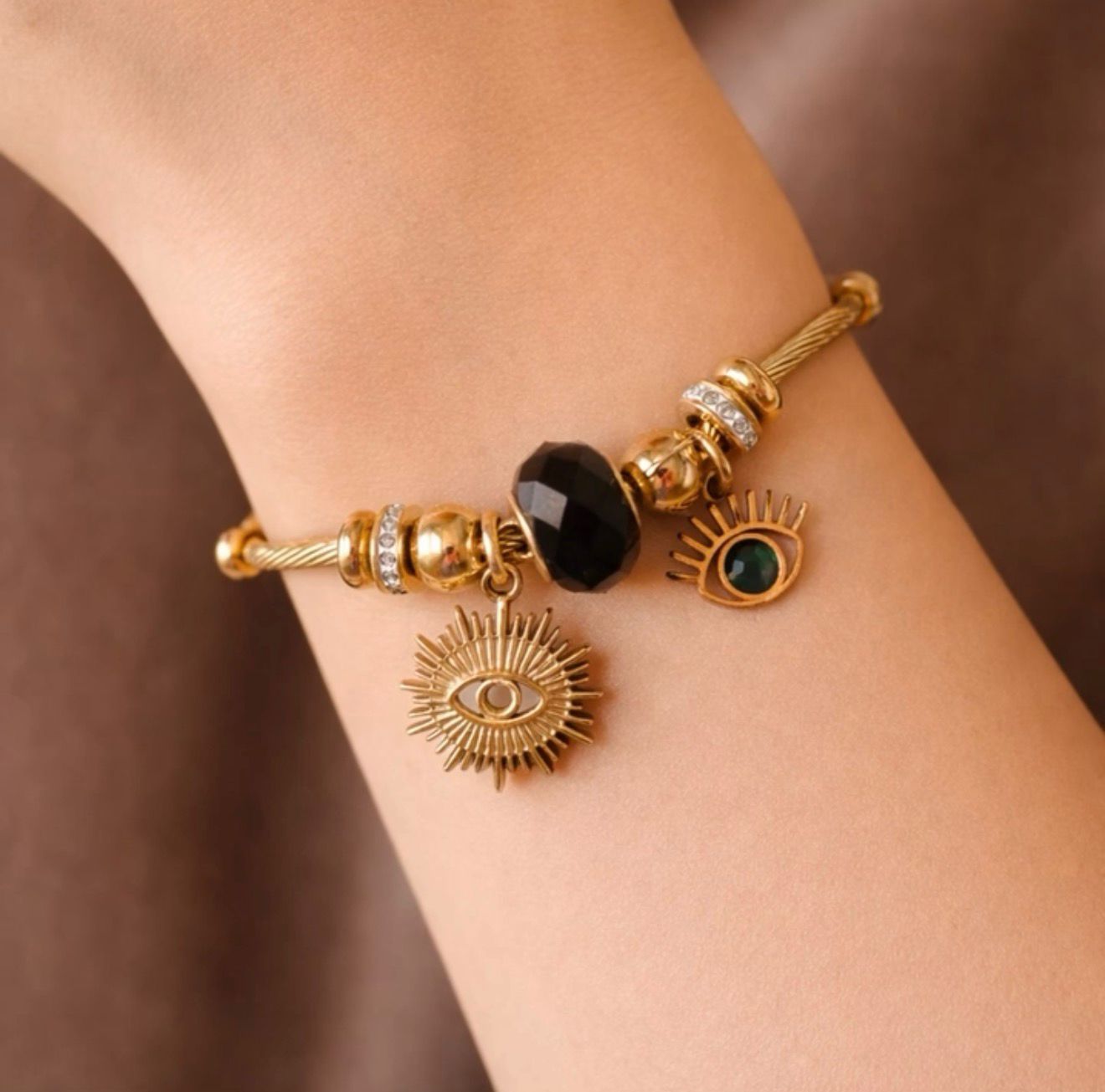 Stylish Gold Twisted Cable Bracelet for Women with Evil Eye Charms, Black Crystal Bead, Adjustable, Anti Tarnish, Water Resistant