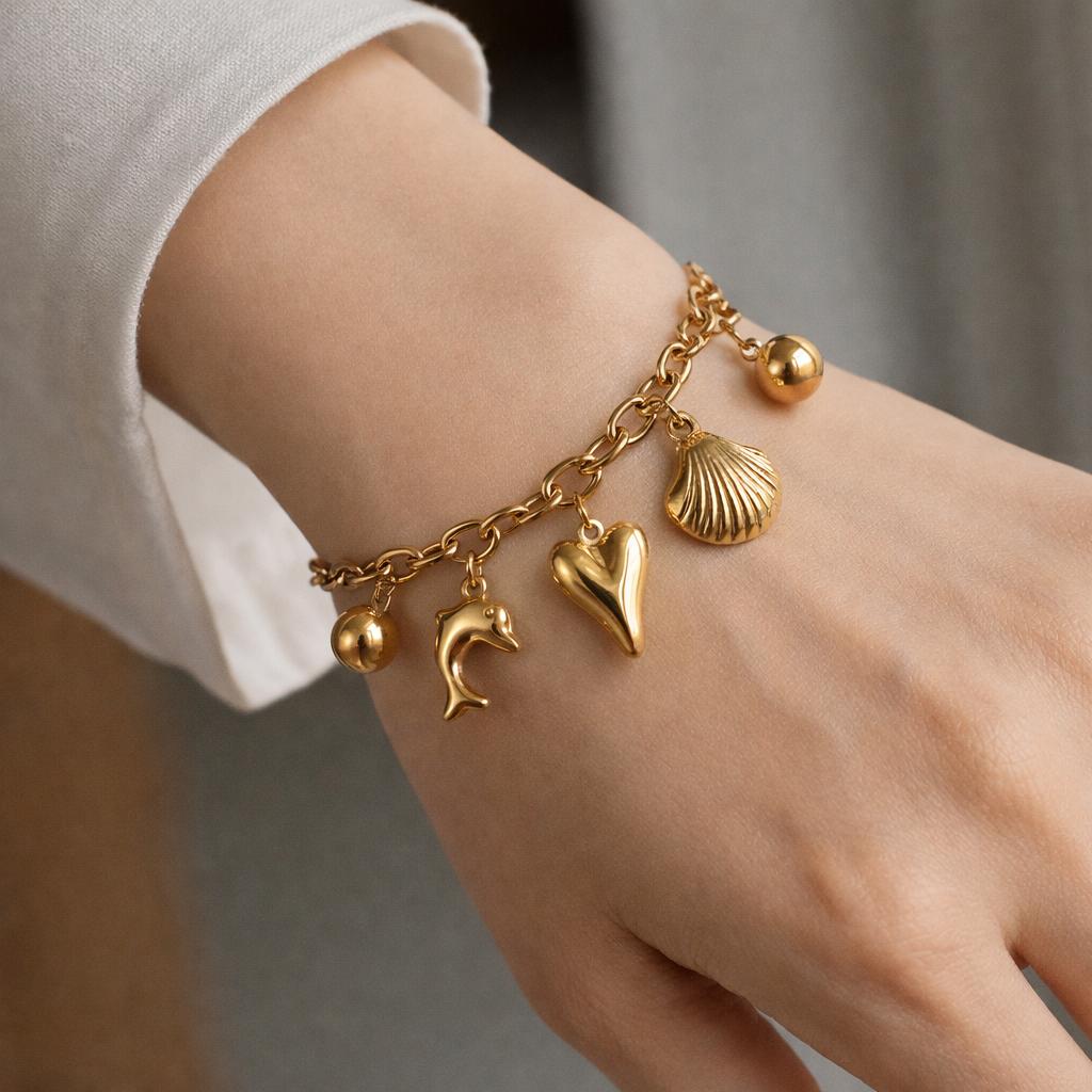 Stylish Gold Plated Charm Bracelet for Women, Chain Link with Dolphin, Heart, Seashell, and Ball Charms, Anti Tarnish