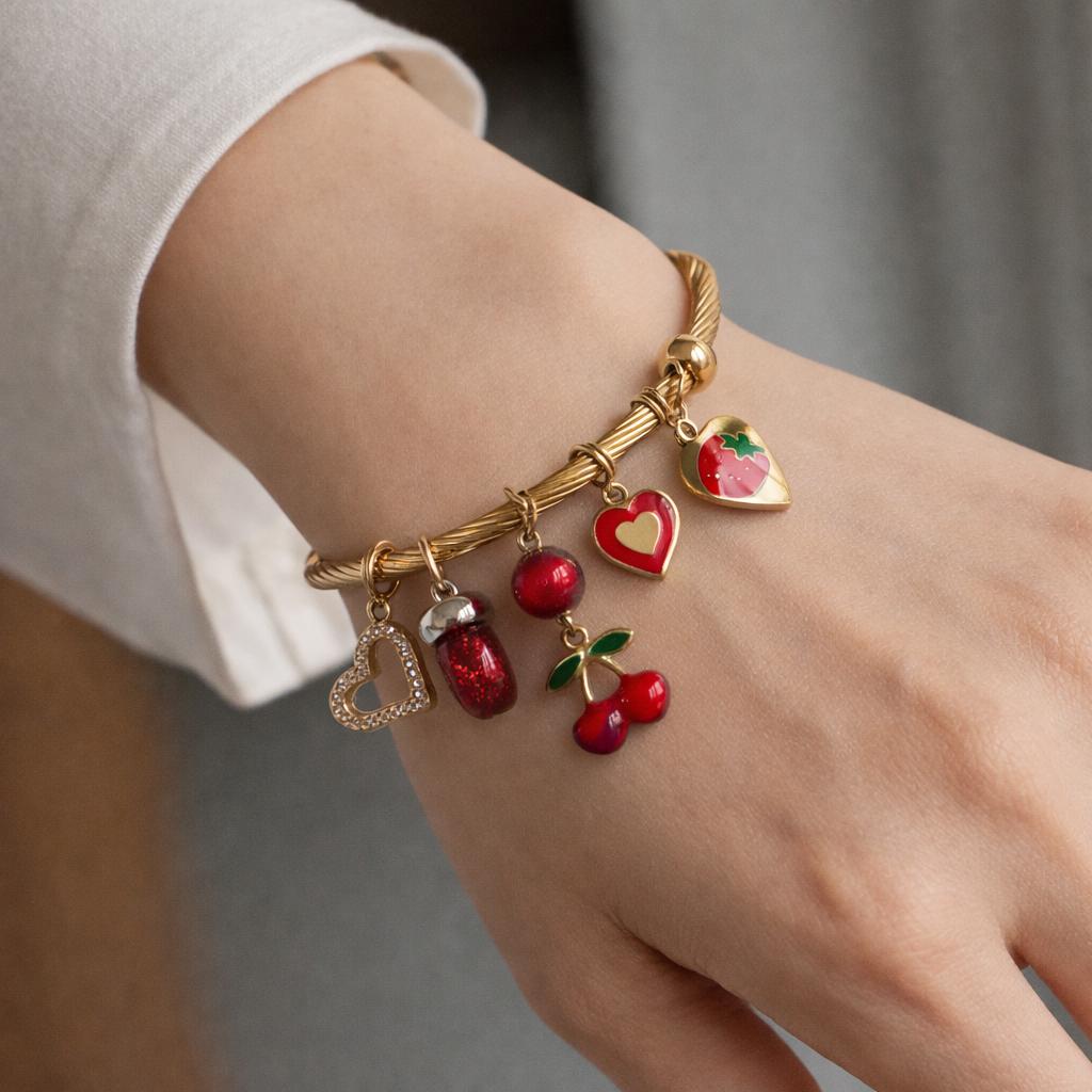 Gold Twisted Cable Bracelet for Women with Heart Charms, Cherry and Strawberry Dangles, Red and Gold Beaded Charm Bracelet