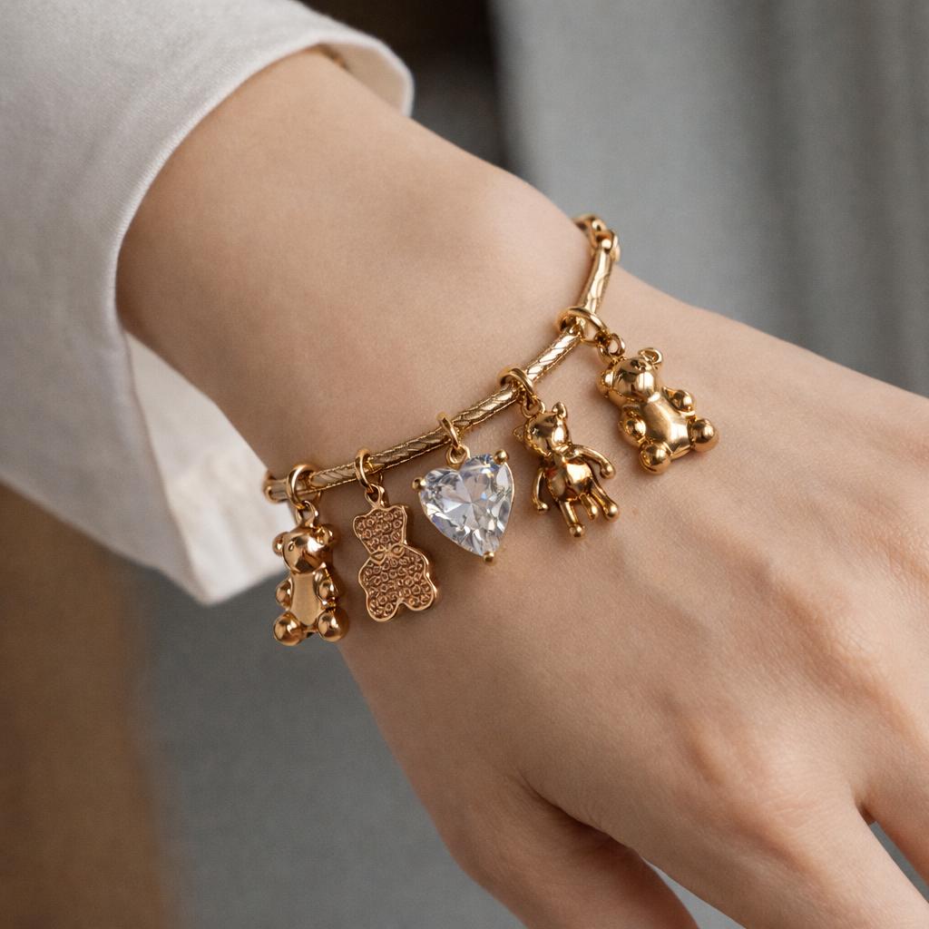 Stylish Charm Bracelet for Women, Gold Plated with Dog, Bear, Heart Crystal Charms, Adjustable Chain, Anti Tarnish