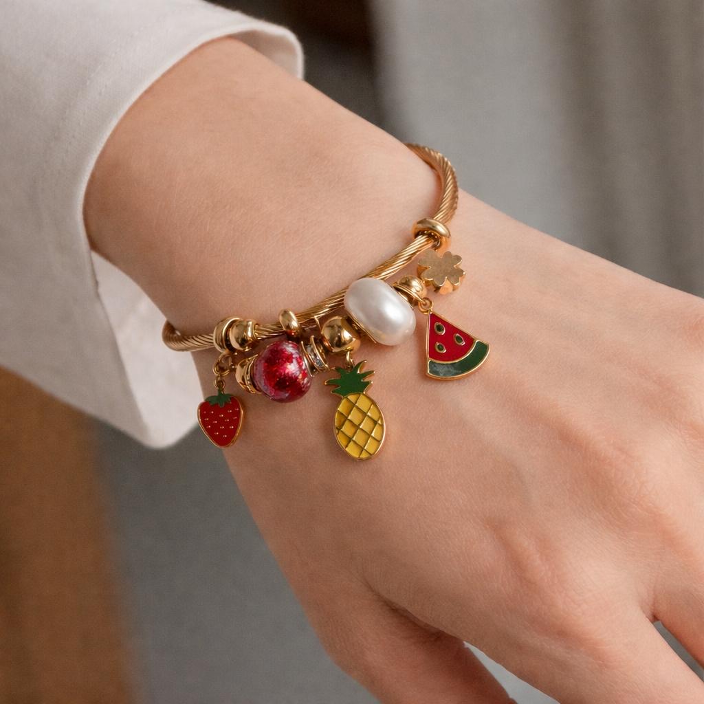 Gold Plated Cable Bracelet with Fruit Charms, Strawberry Pineapple Watermelon Beaded Bangle, Anti Tarnish, Water Resistant, Lightweight