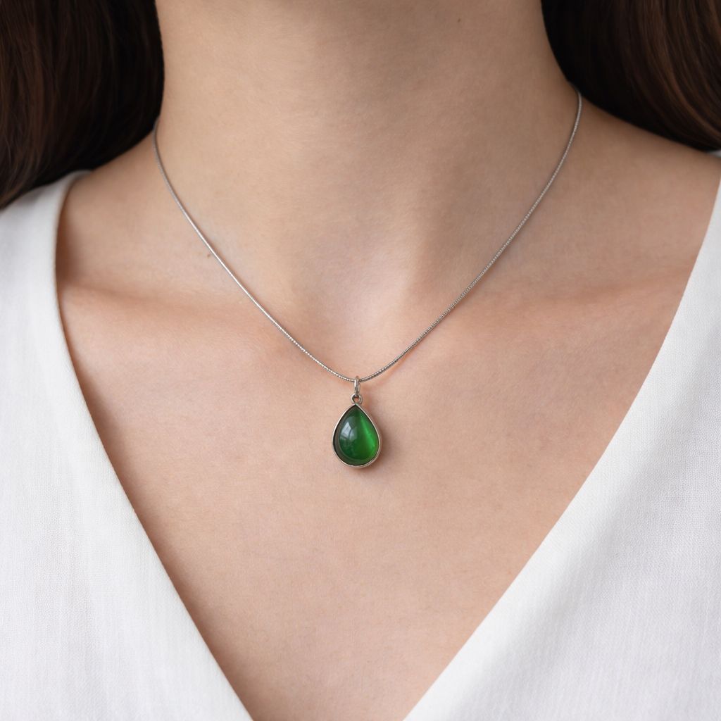 Teardrop Pendant Necklace, Green Crystal Stone, Silver Chain, Classic for Women, Anti Tarnish, Water Resistant, Lightweight, Gift Packaged